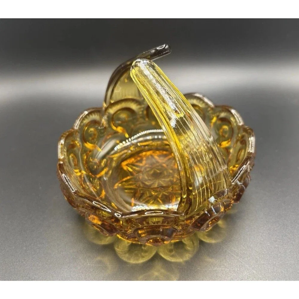 MOON & STARS L.E. Smith Amber Split Handle VTG Candy / Trinket Dish 5”